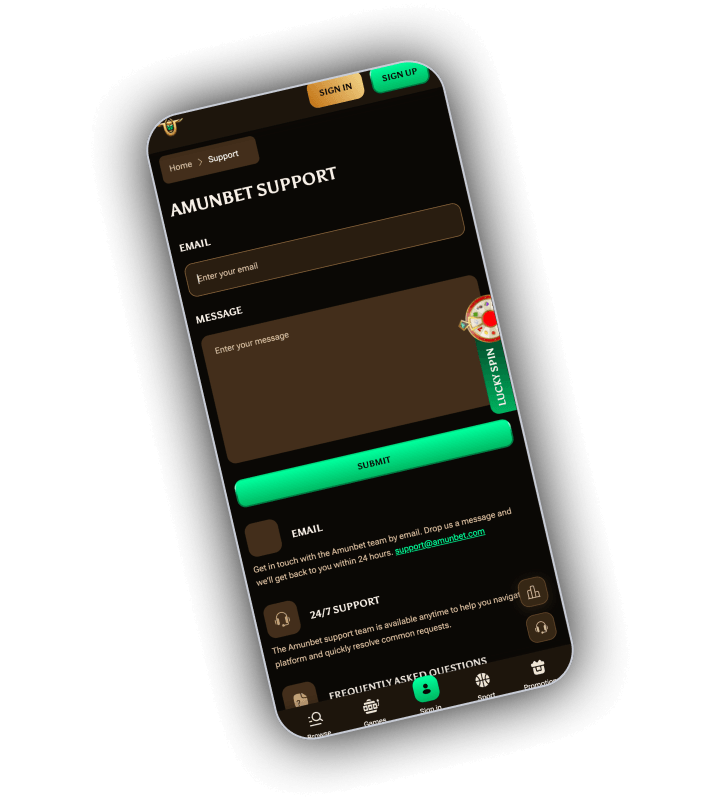 The AmunBet support area with the live chat window open